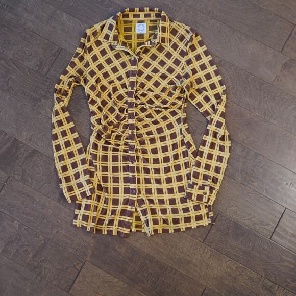 With Jean Andy Long Sleeve Button Front Check Dress Yellow M Clueless Y2K - Picture 2 of 7
